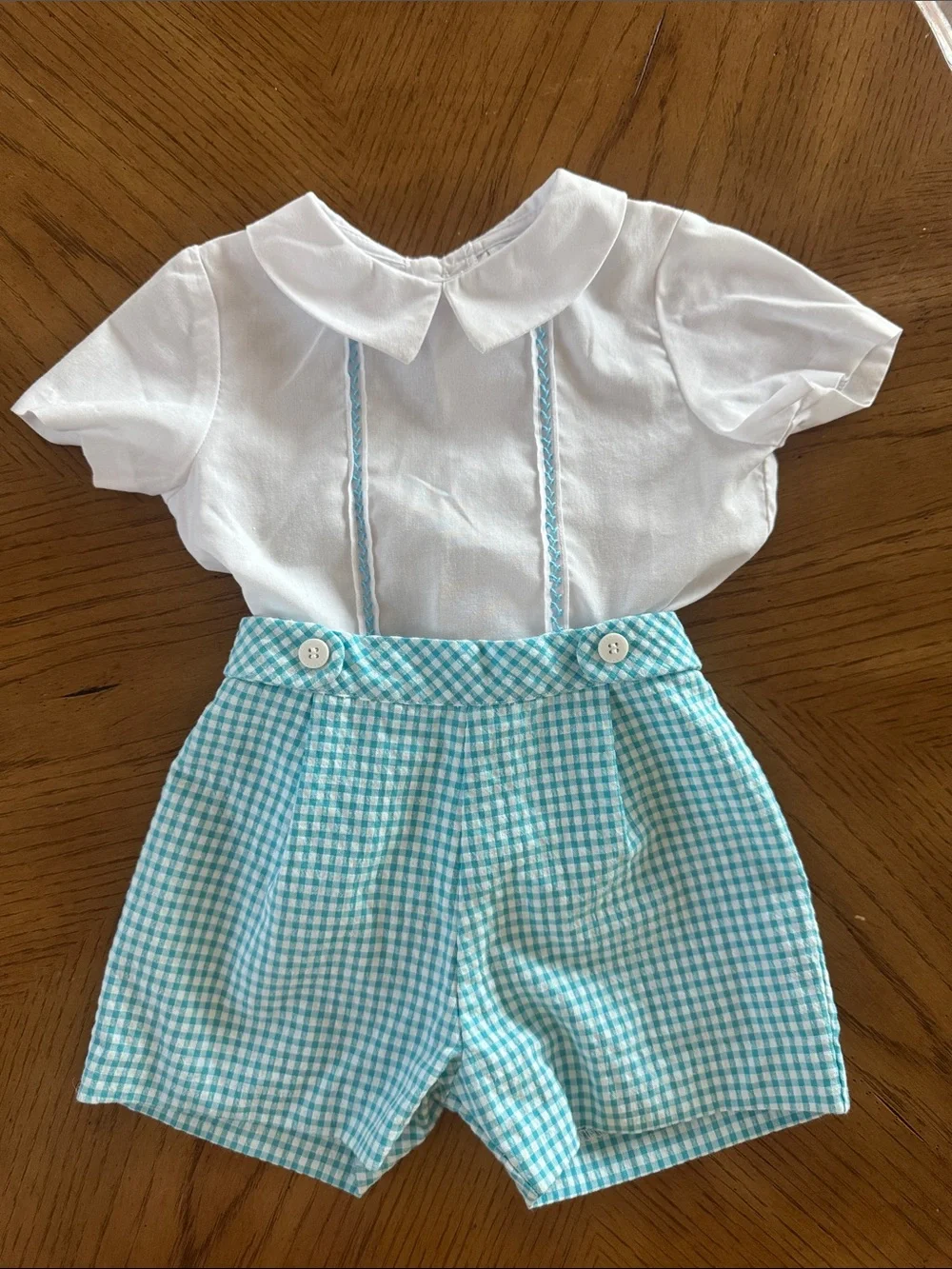 Luli & Me White Top with Light Blue Gingham Shorts Kids Matching Set
